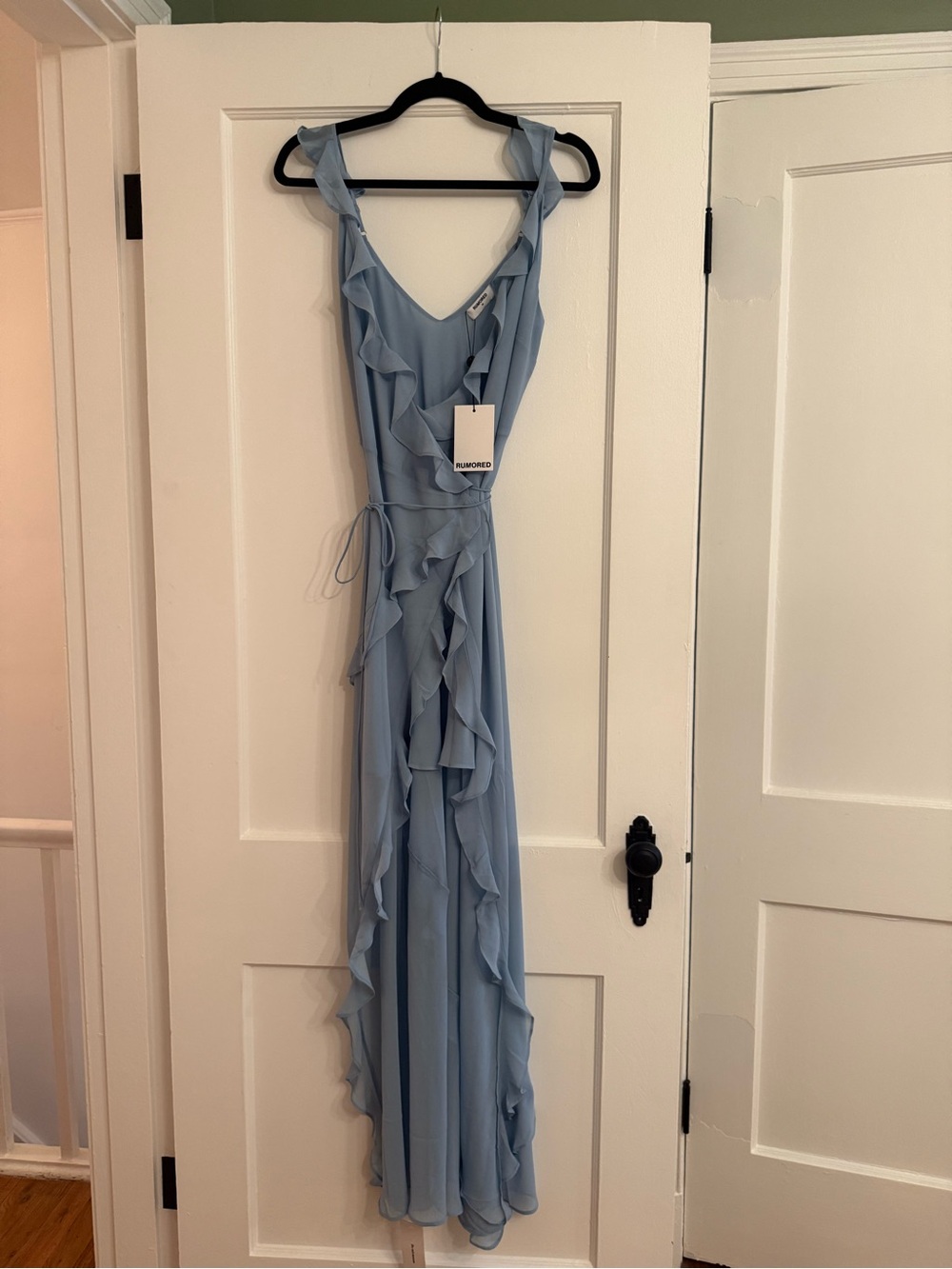Rumored Light Blue Ruffle-Trim Wrap Maxi Dress